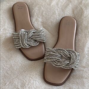 Elegant Silver Beaded Women's Slide Sandals